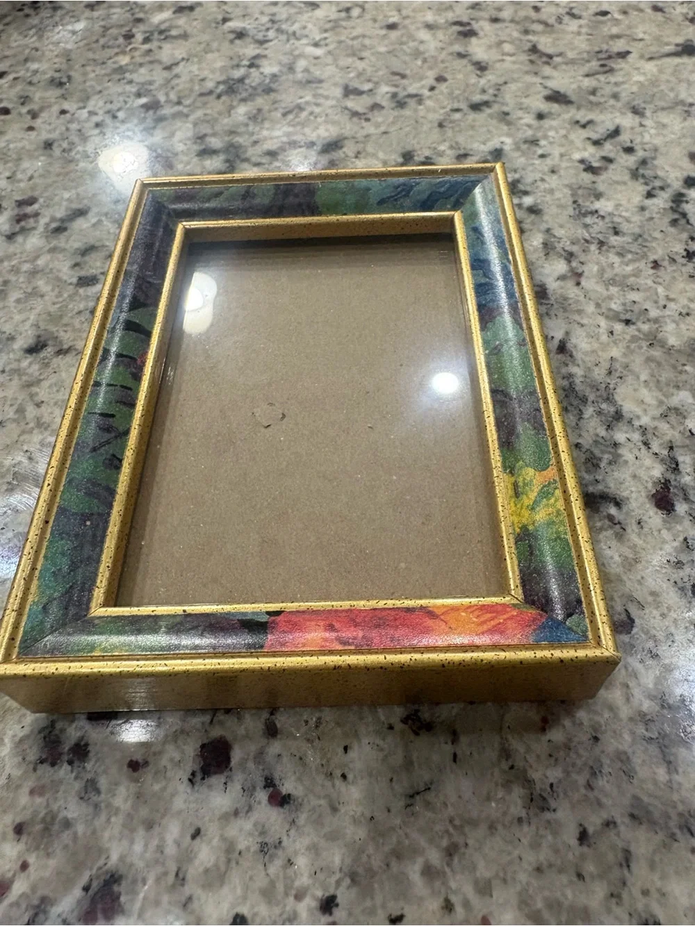 Gold picture frame with fun print trim GUC 5 x 7